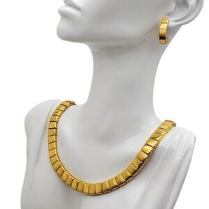 Napier Gold Tone Tile Link Collar Necklace Hoop Earring Brushed Polished Choker